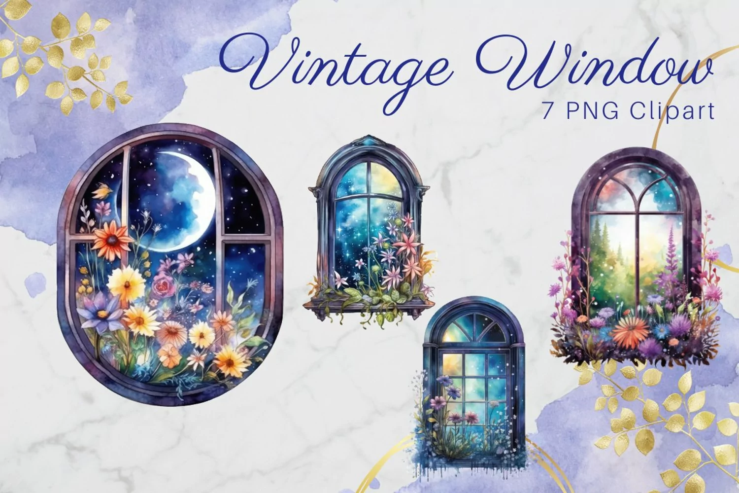 Flower Vintage Window Printable Planner Clipart Watercolor product image 1