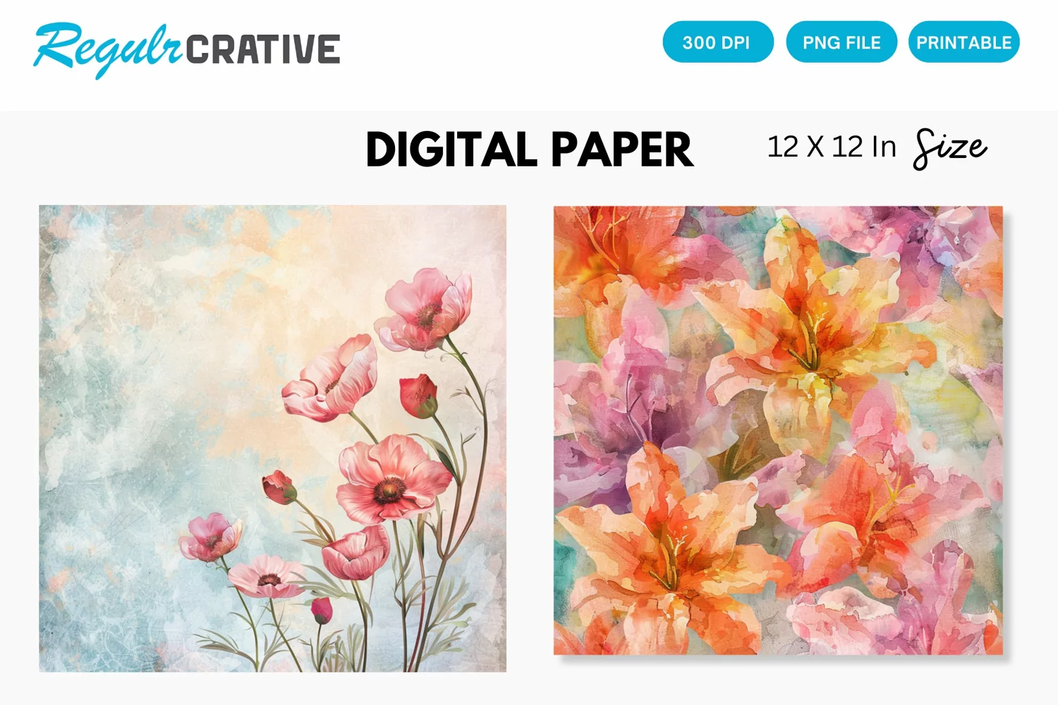 Watercolor Flower Digital Paper, Flower Background product image 1