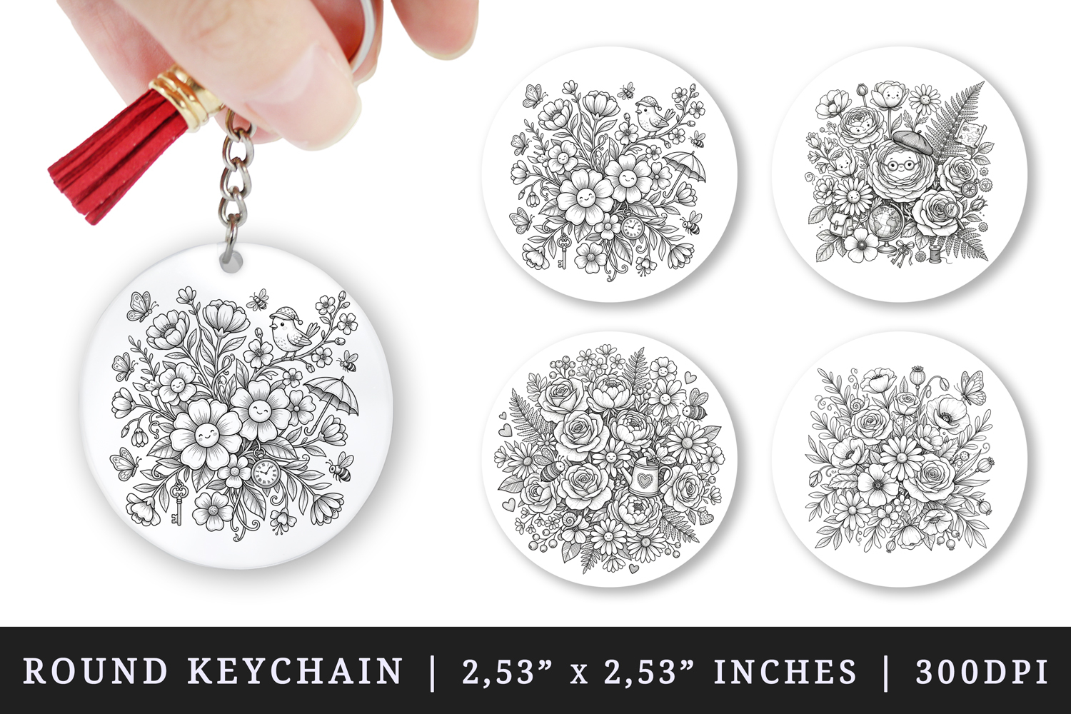 Flowers round keychain pintable sublimation design png product image 1