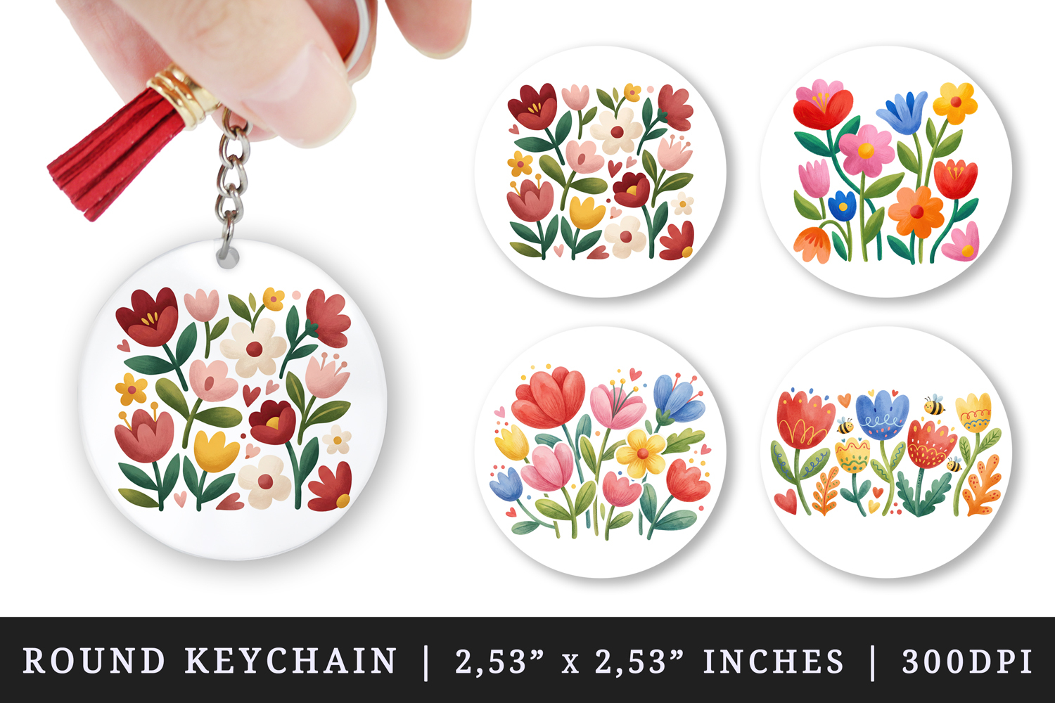 Flowers round keychain pintable sublimation design png product image 1