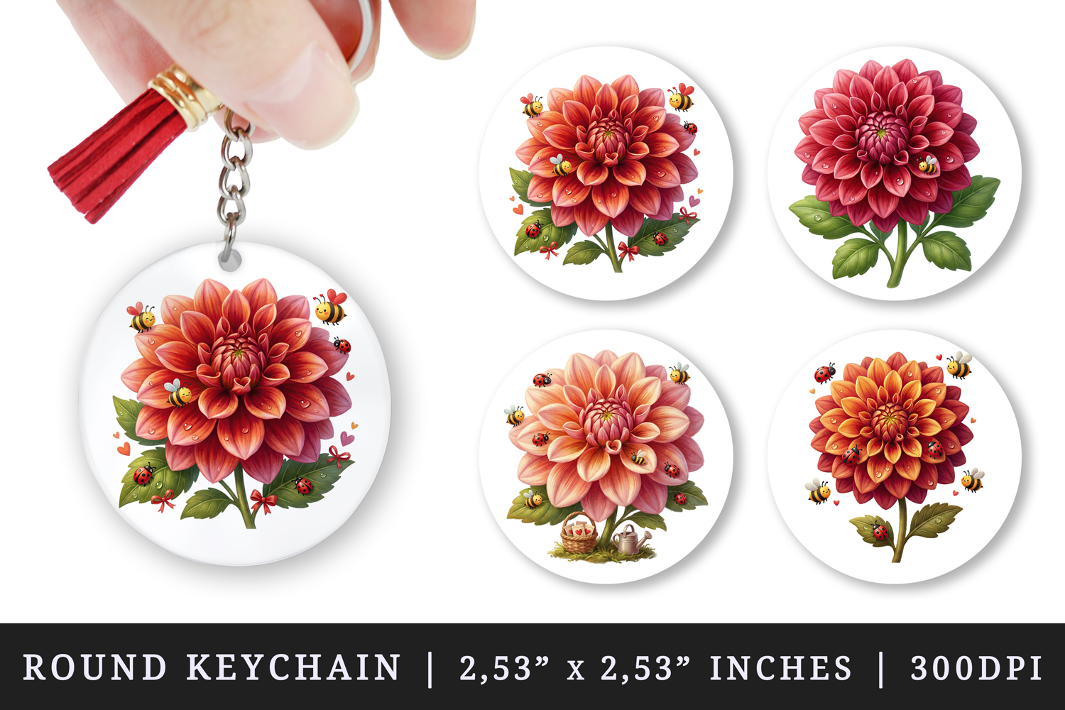 Flowers round keychain pintable sublimation design png product image 1