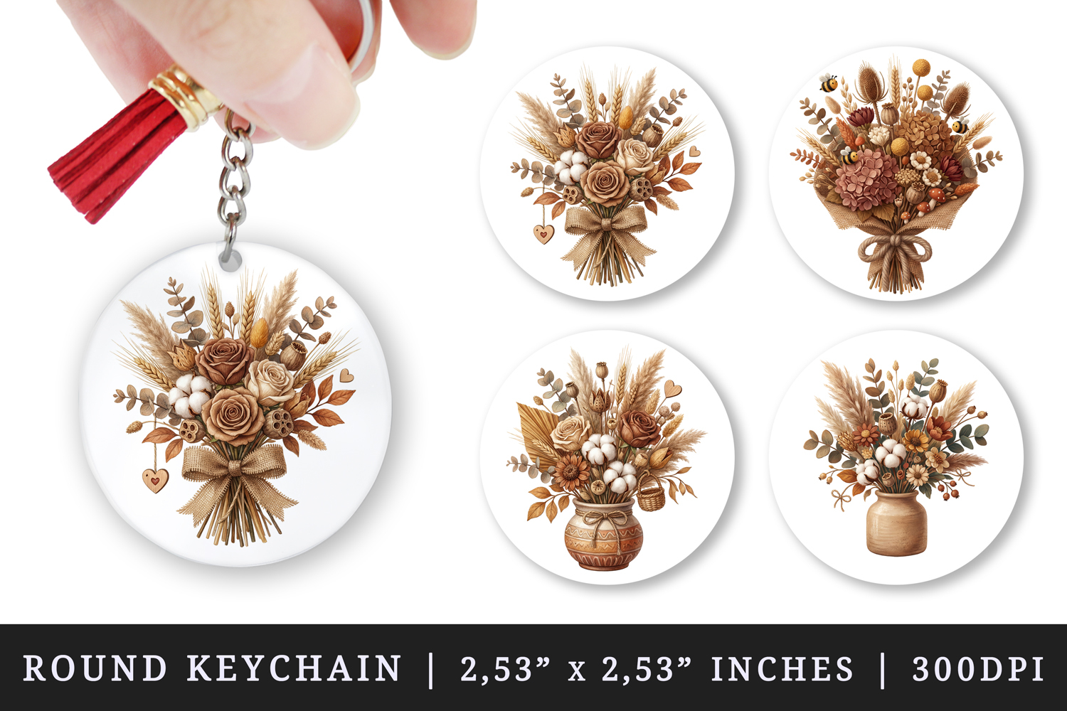 Flowers round keychain pintable sublimation design png product image 1