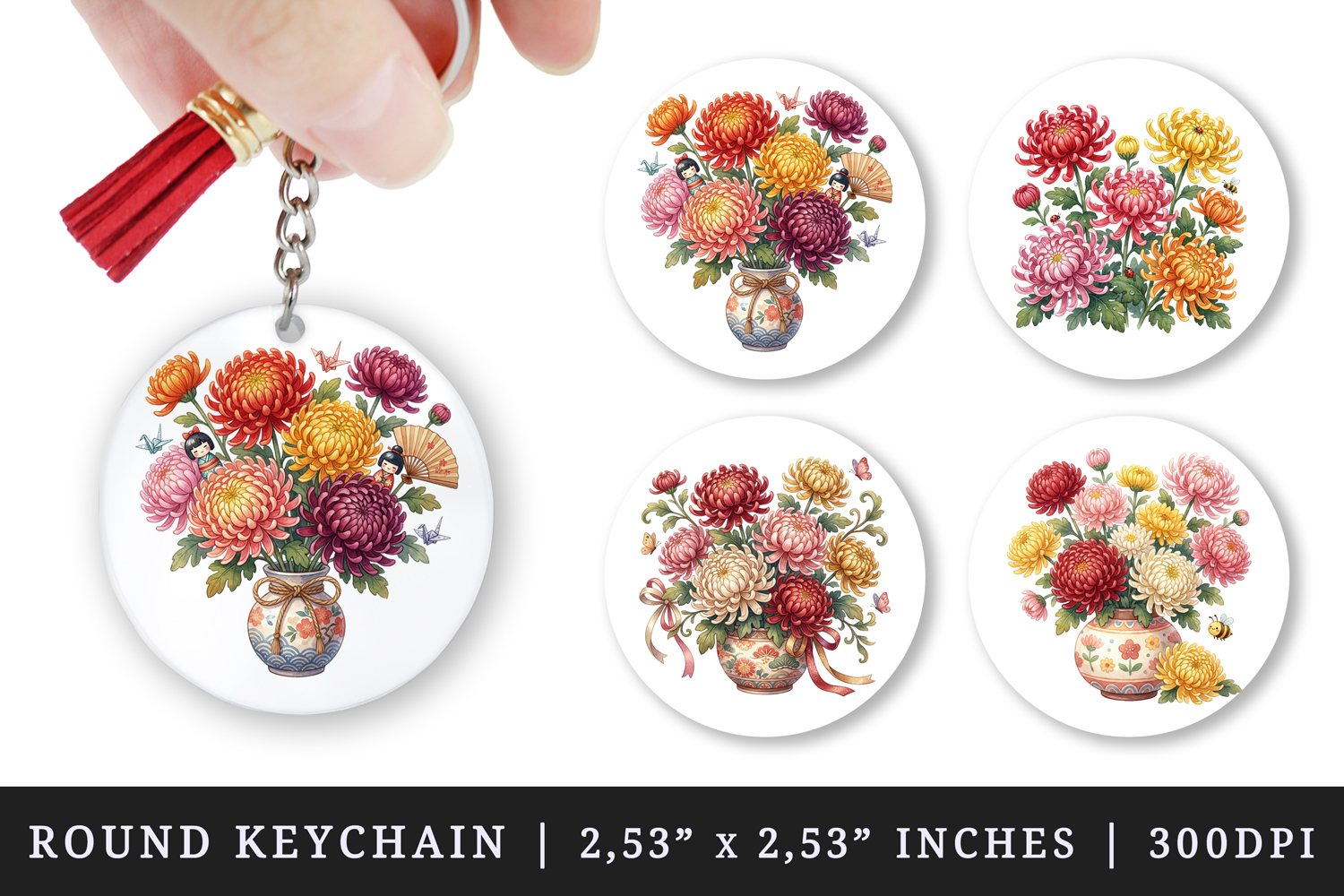 Flowers round keychain pintable sublimation design png product image 1