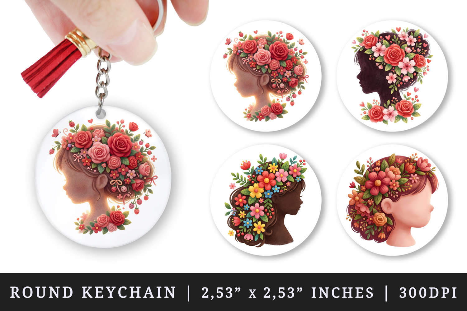 Flowers round keychain pintable sublimation design png product image 1