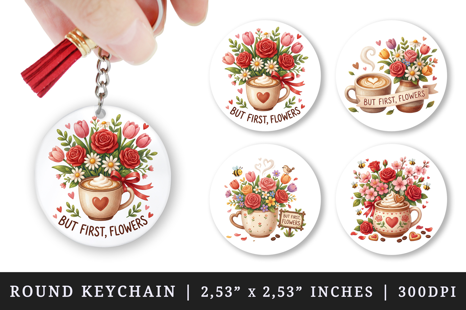 Flowers round keychain pintable sublimation design png product image 1