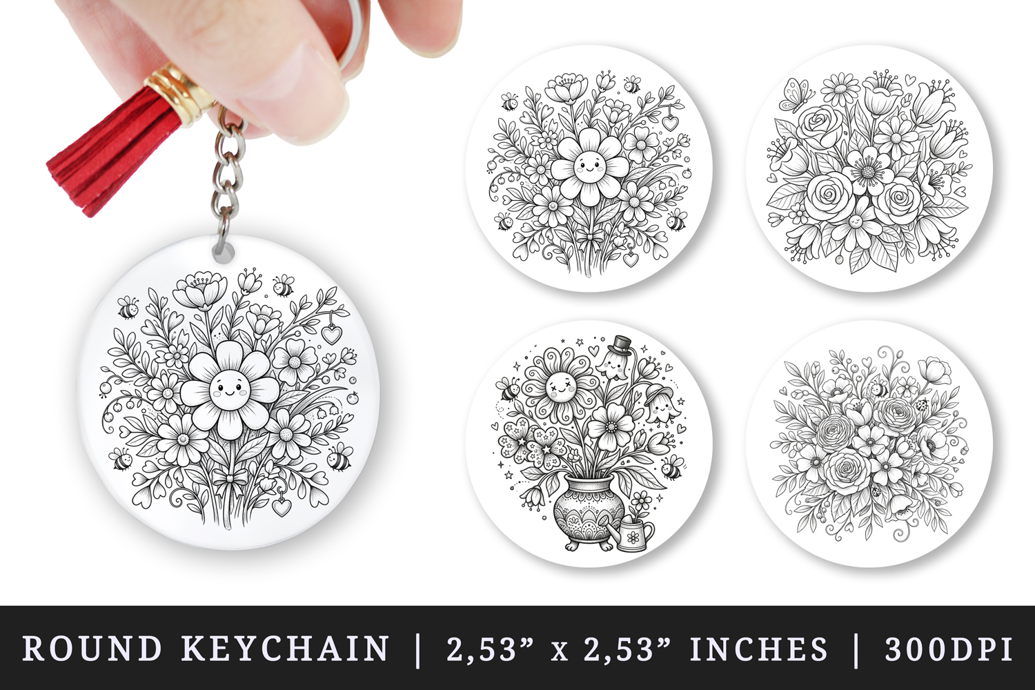 Flowers round keychain pintable sublimation design png product image 1