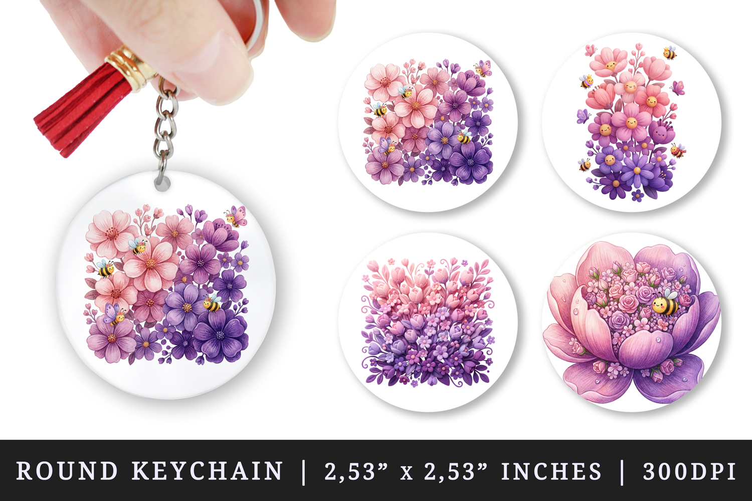 Flowers round keychain pintable sublimation design png product image 1