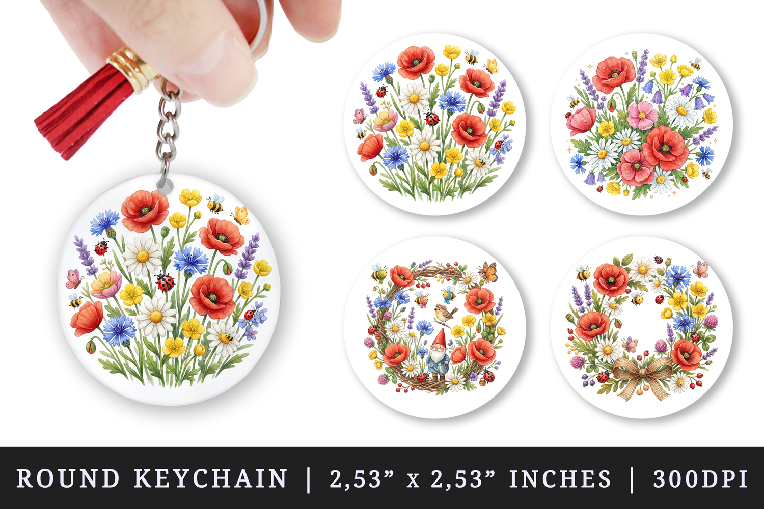 Flowers round keychain pintable sublimation design png product image 1