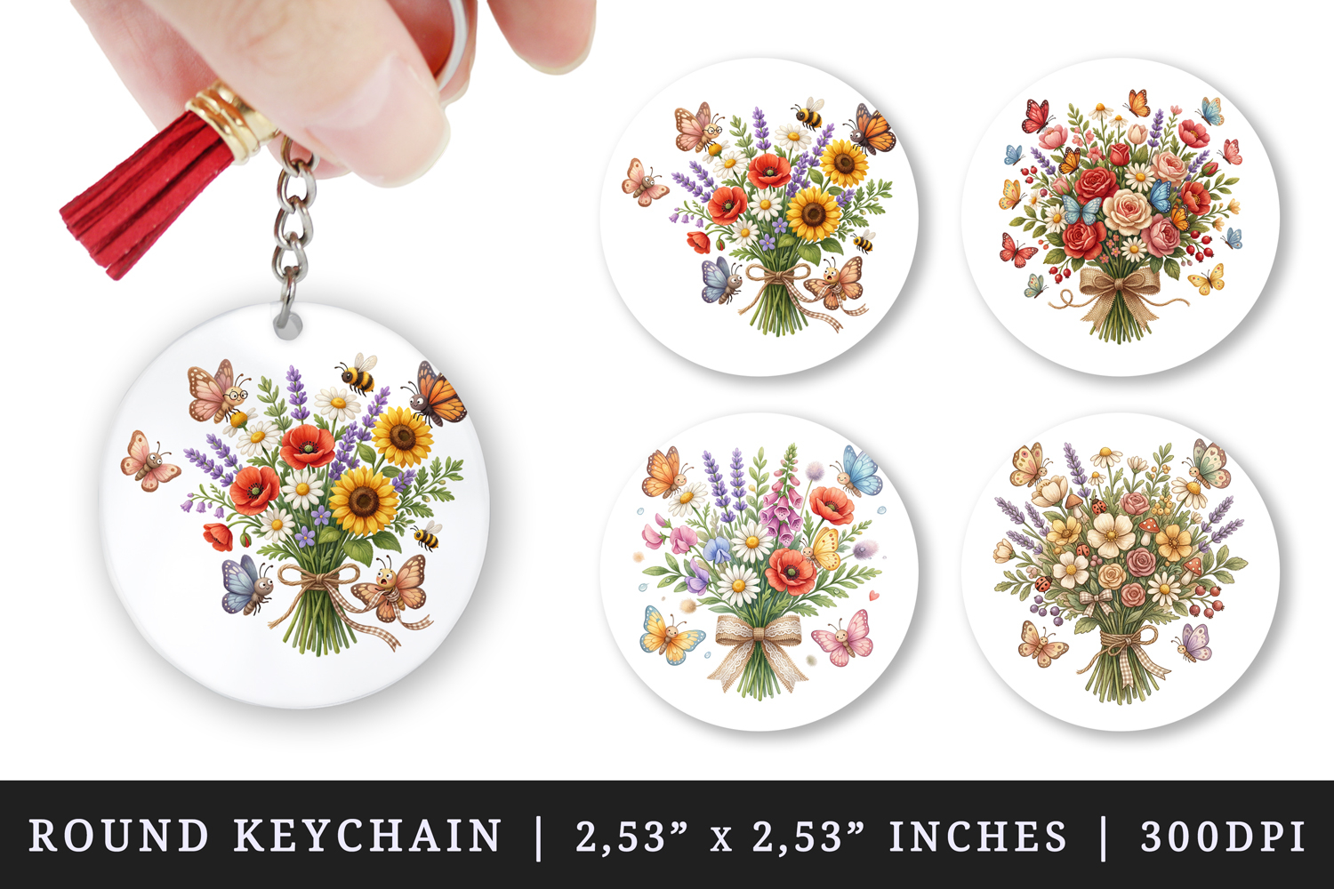 Flowers round keychain pintable sublimation design png product image 1