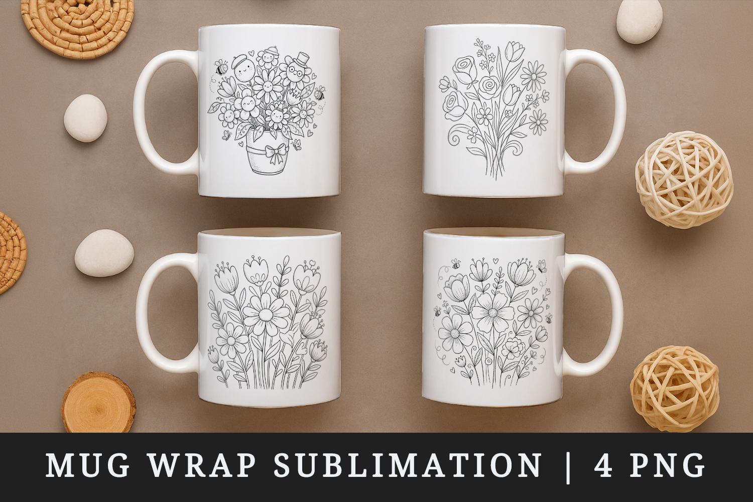 Flowers mug wrap printable sublimation design product image 1