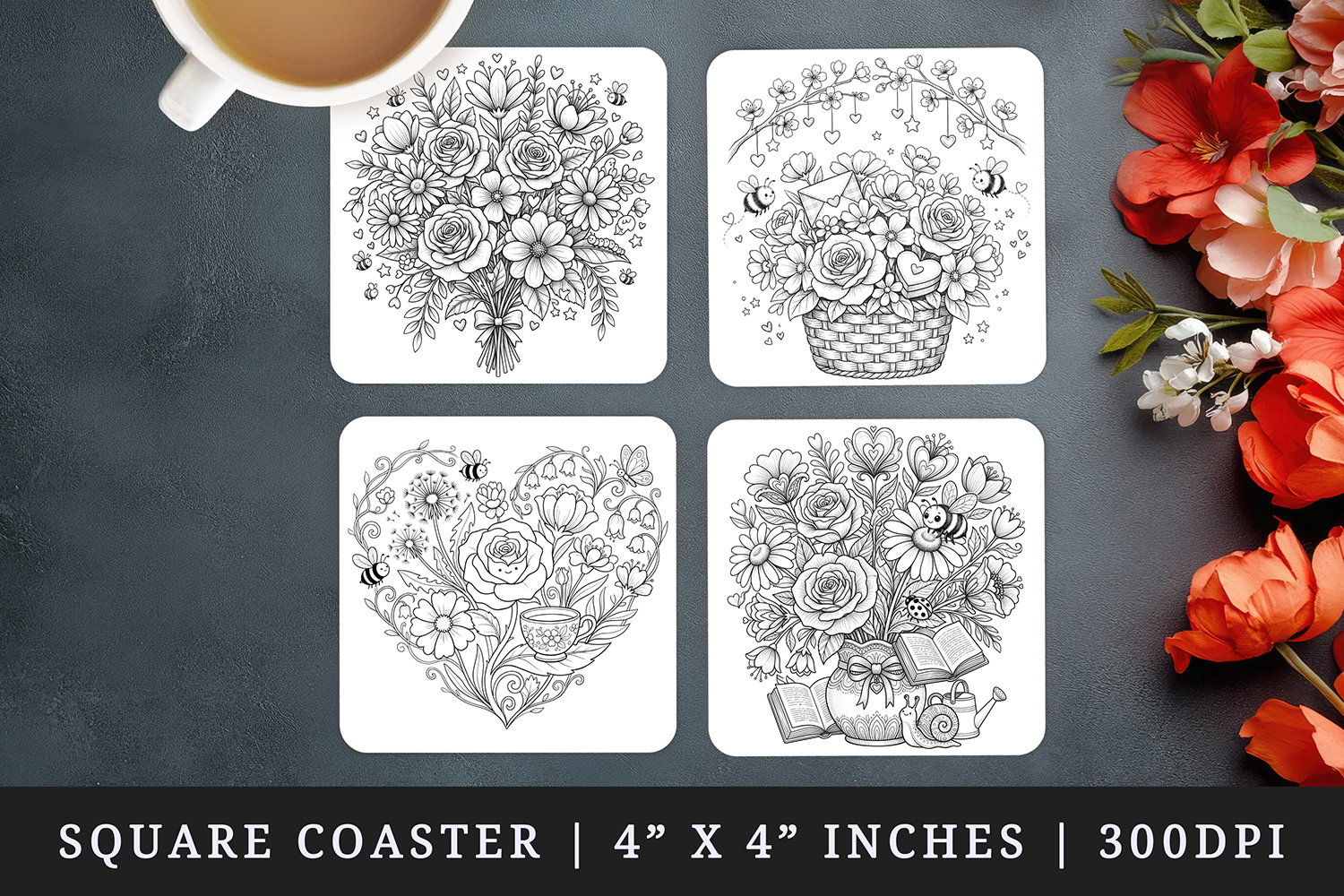 Flowers square coaster sublimation, coasters design product image 1
