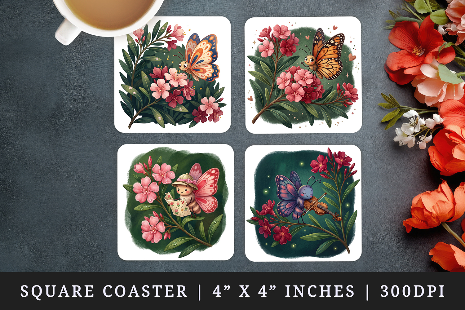 Flowers square coaster sublimation, coasters design product image 1