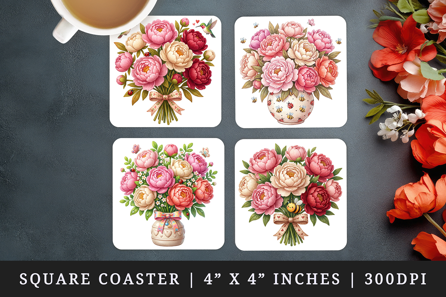 Flowers square coaster sublimation, coasters design product image 1