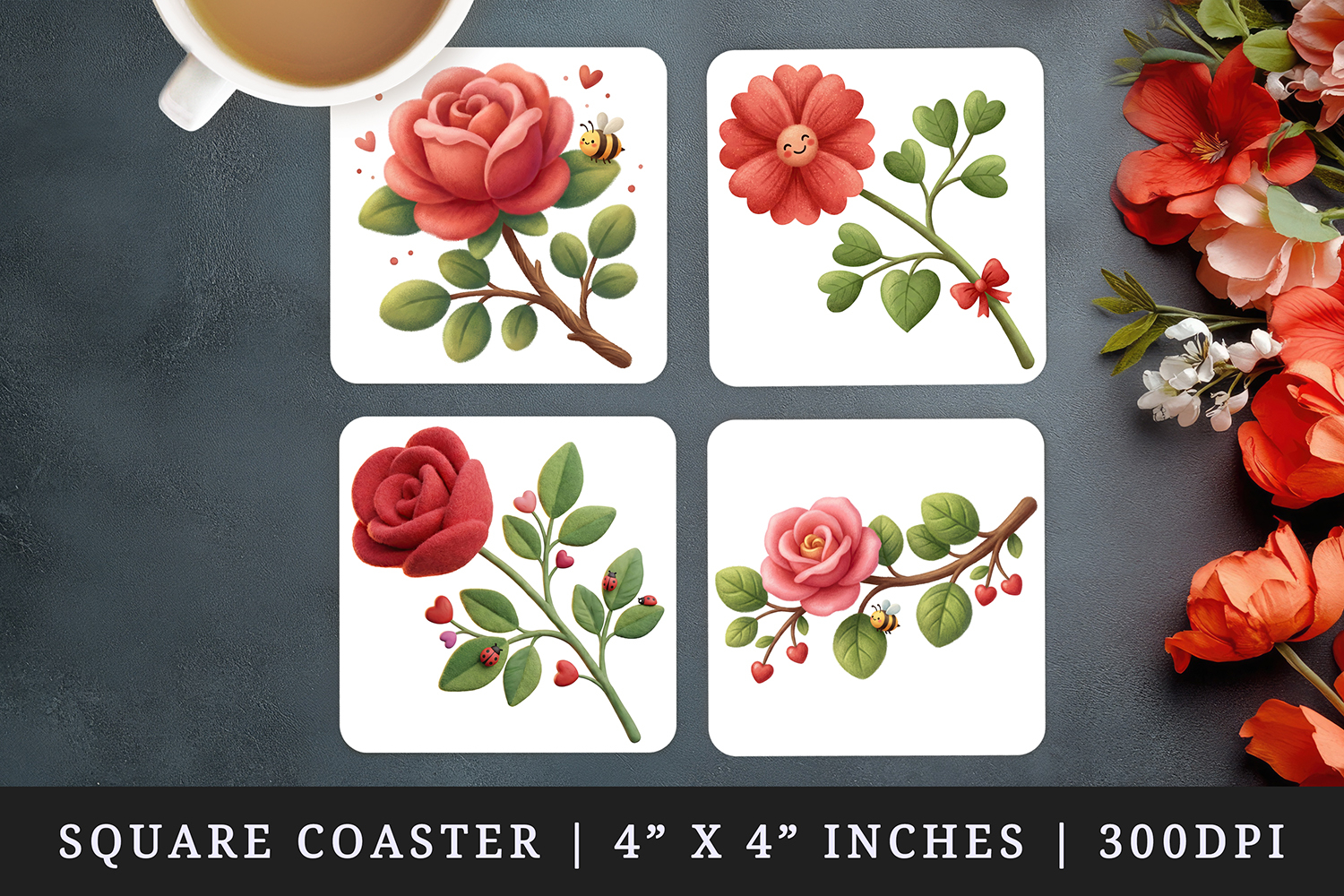 Flowers square coaster sublimation, coasters design product image 1