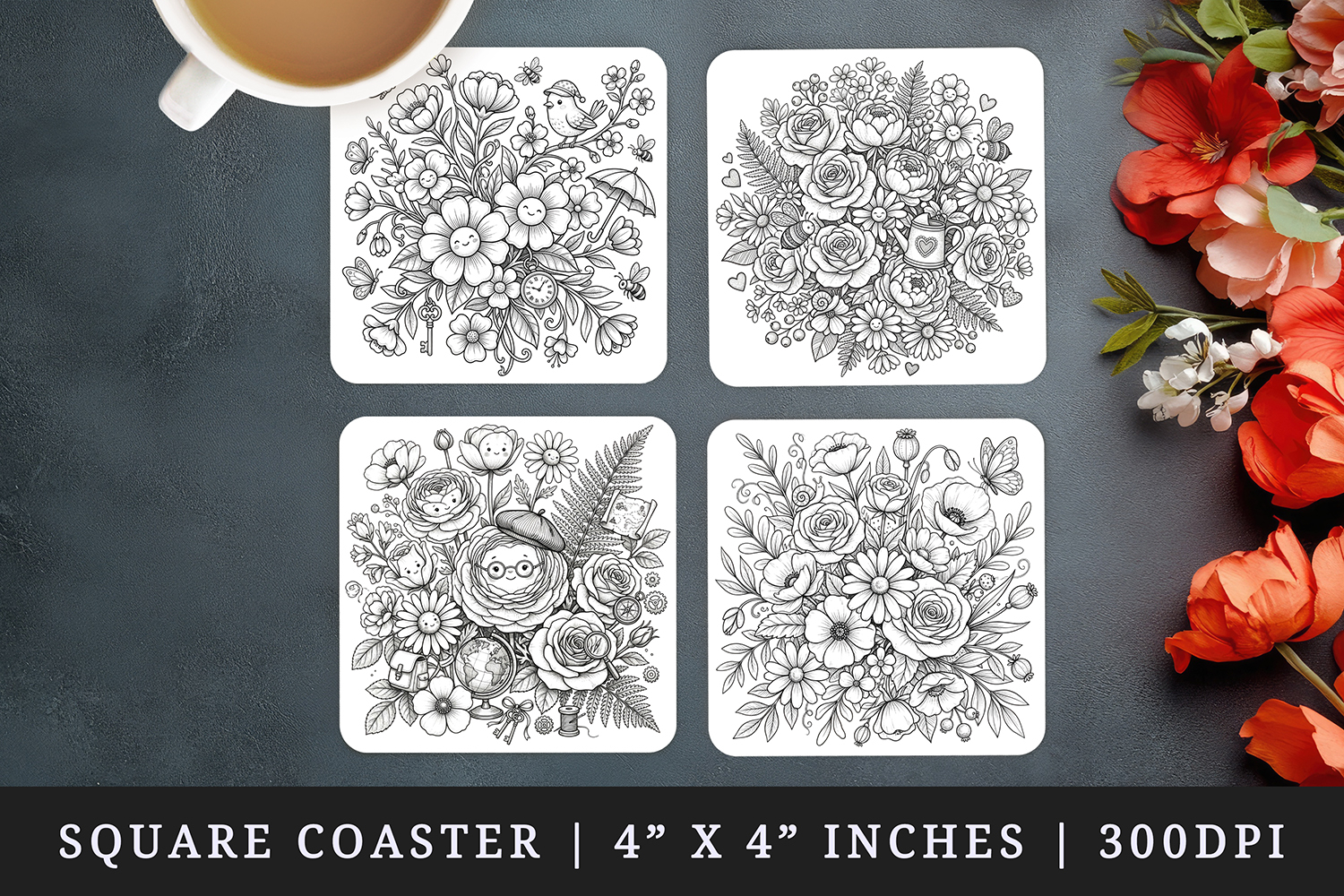 Flowers square coaster sublimation, coasters design product image 1