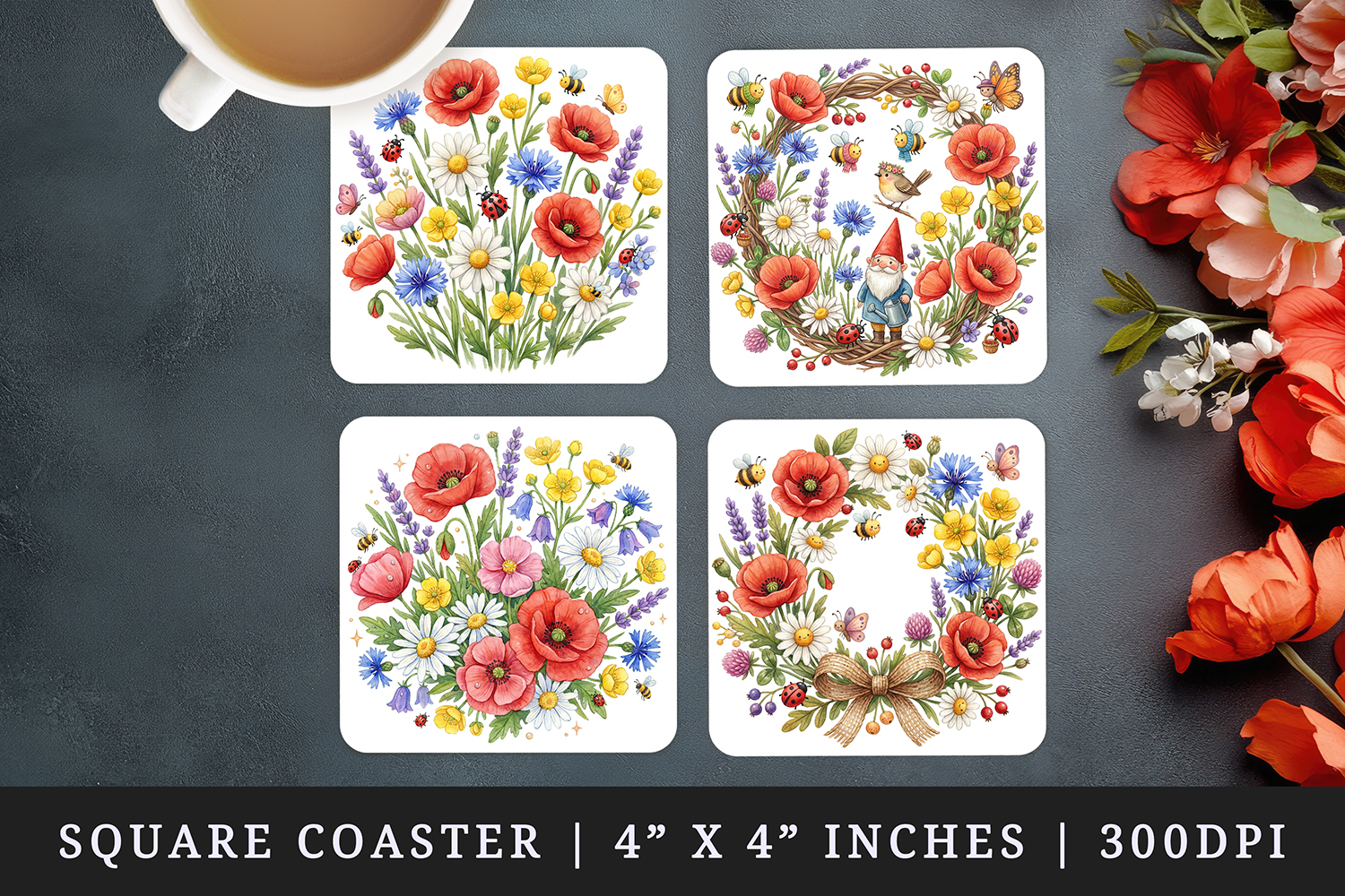 Flowers square coaster sublimation, coasters design product image 1