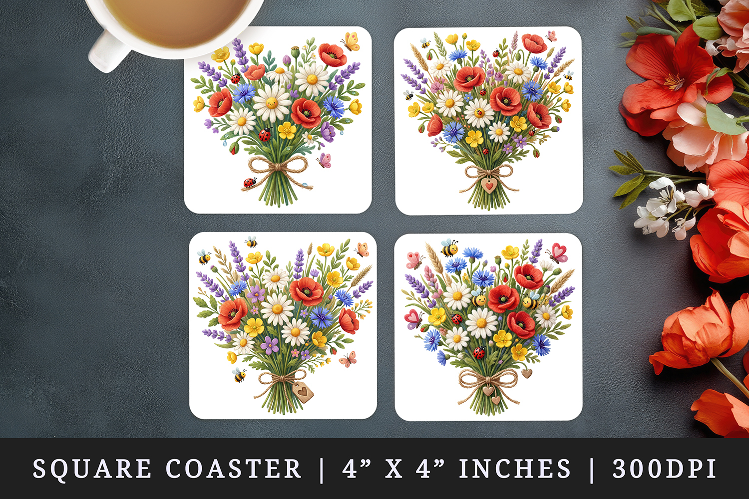 Flowers square coaster sublimation, coasters design product image 1