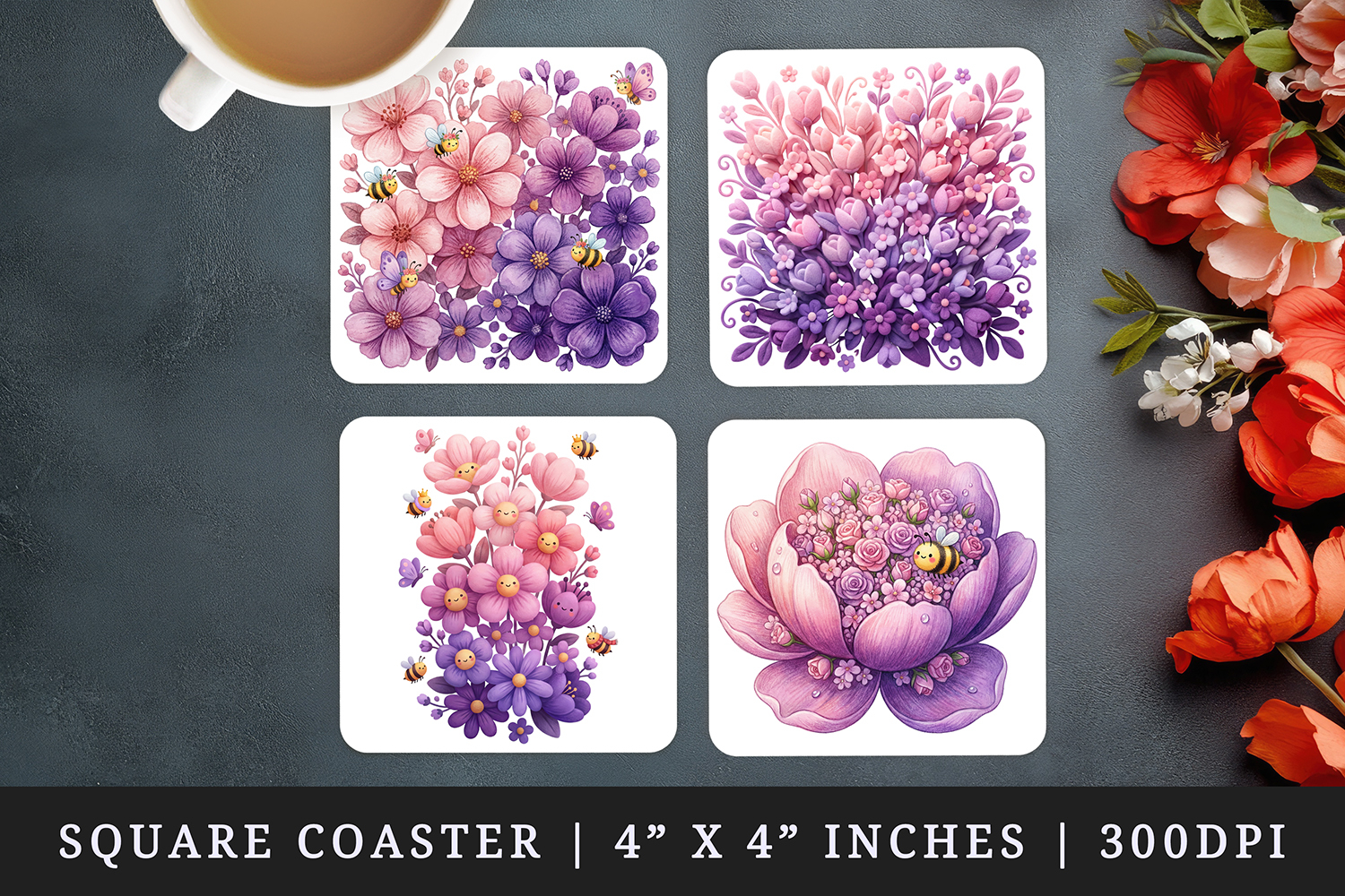 Flowers square coaster sublimation, coasters design product image 1