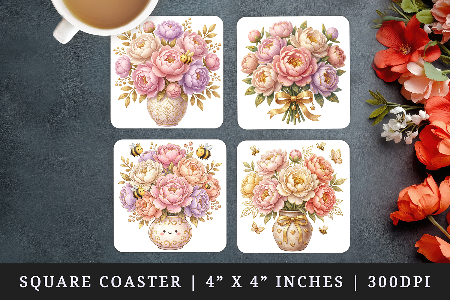Flowers square coaster sublimation, coasters design product image 1
