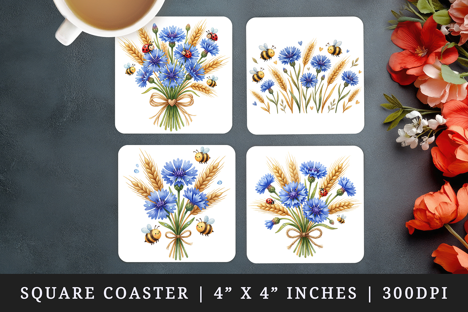 Flowers square coaster sublimation, coasters design product image 1