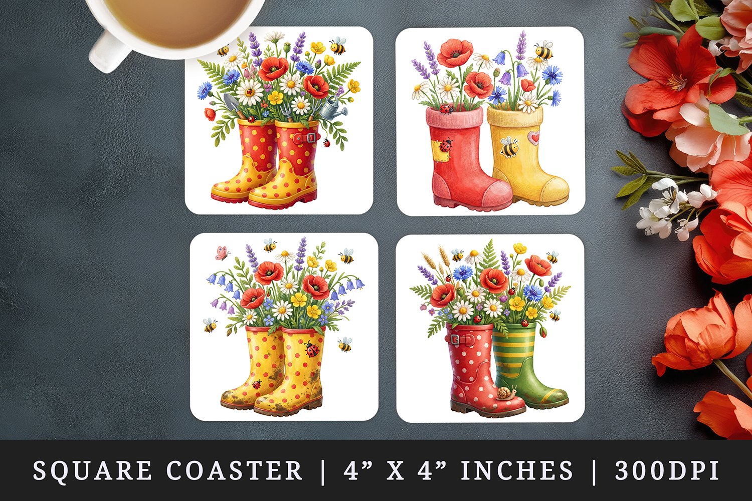 Flowers square coaster sublimation, coasters design product image 1