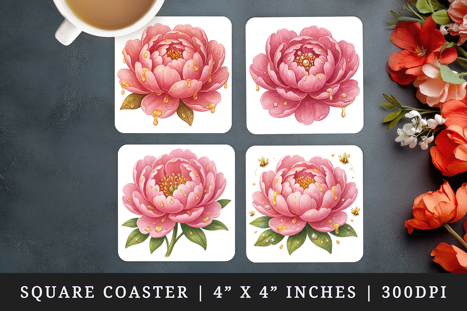 Flowers square coaster sublimation, coasters design product image 1
