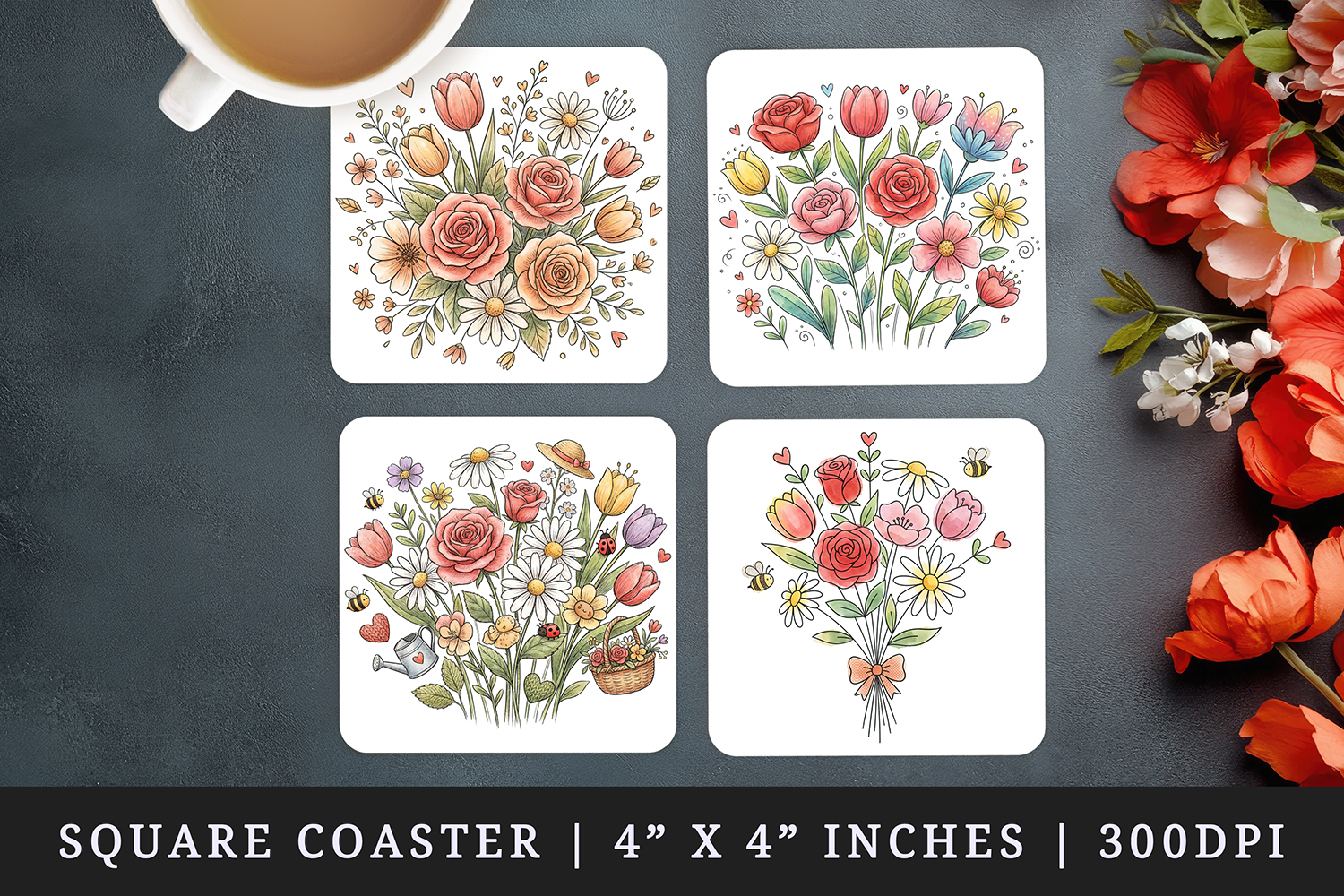 Flowers square coaster sublimation, coasters design product image 1