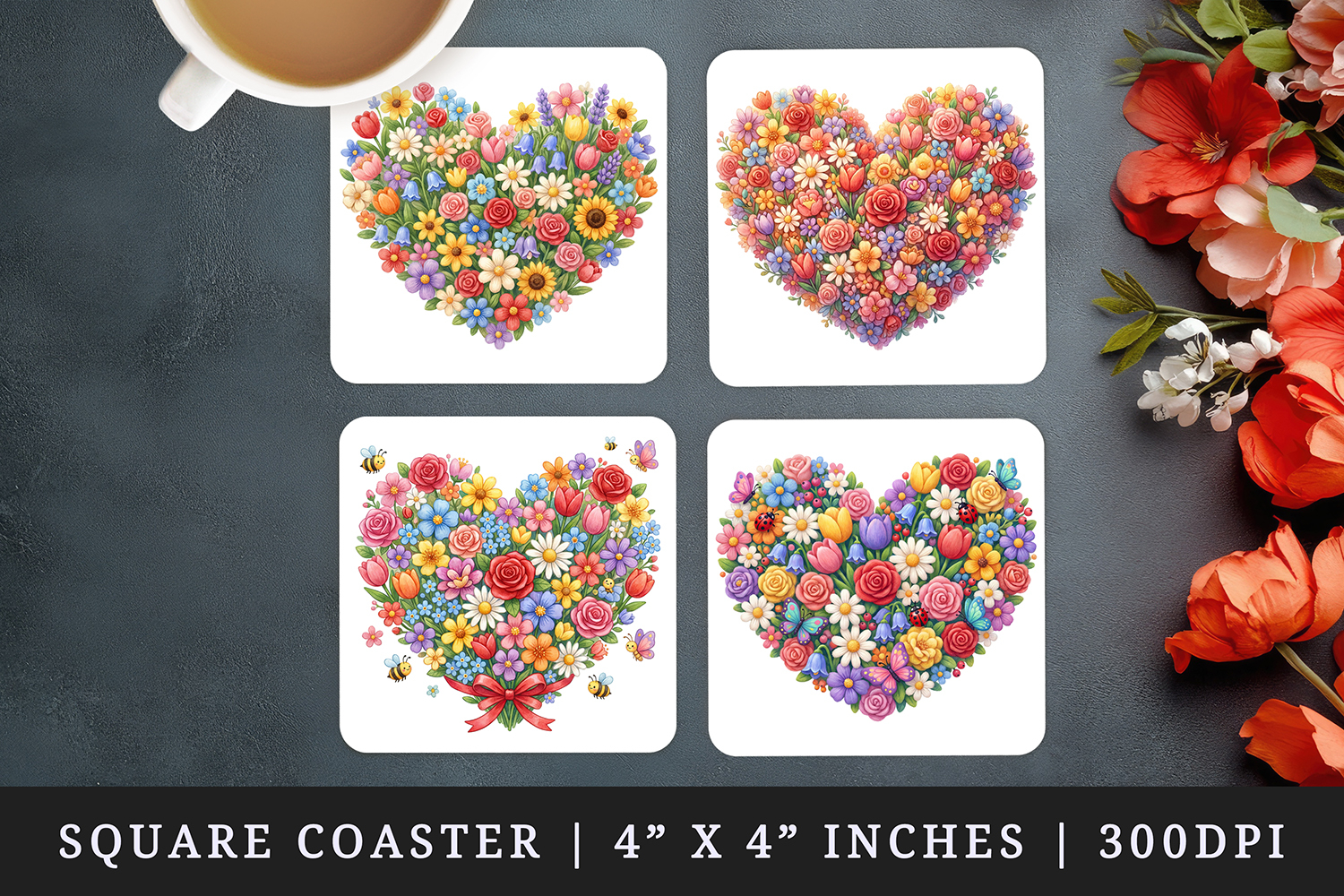 Flowers square coaster sublimation, coasters design product image 1