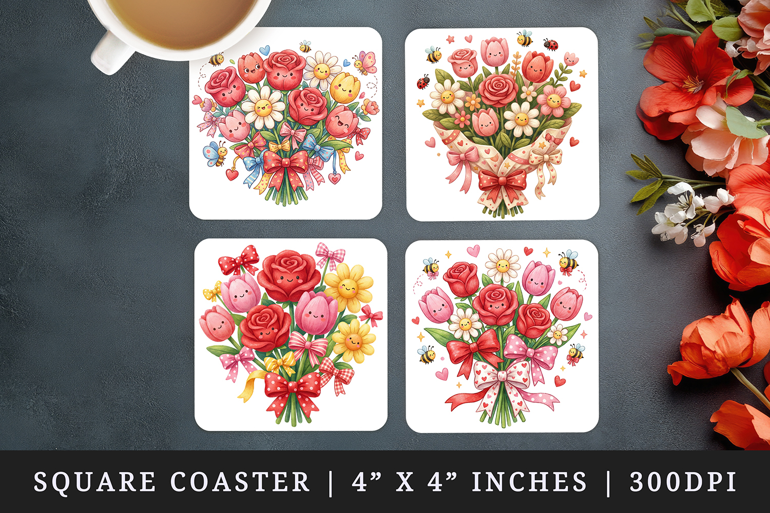 Flowers square coaster sublimation, coasters design product image 1