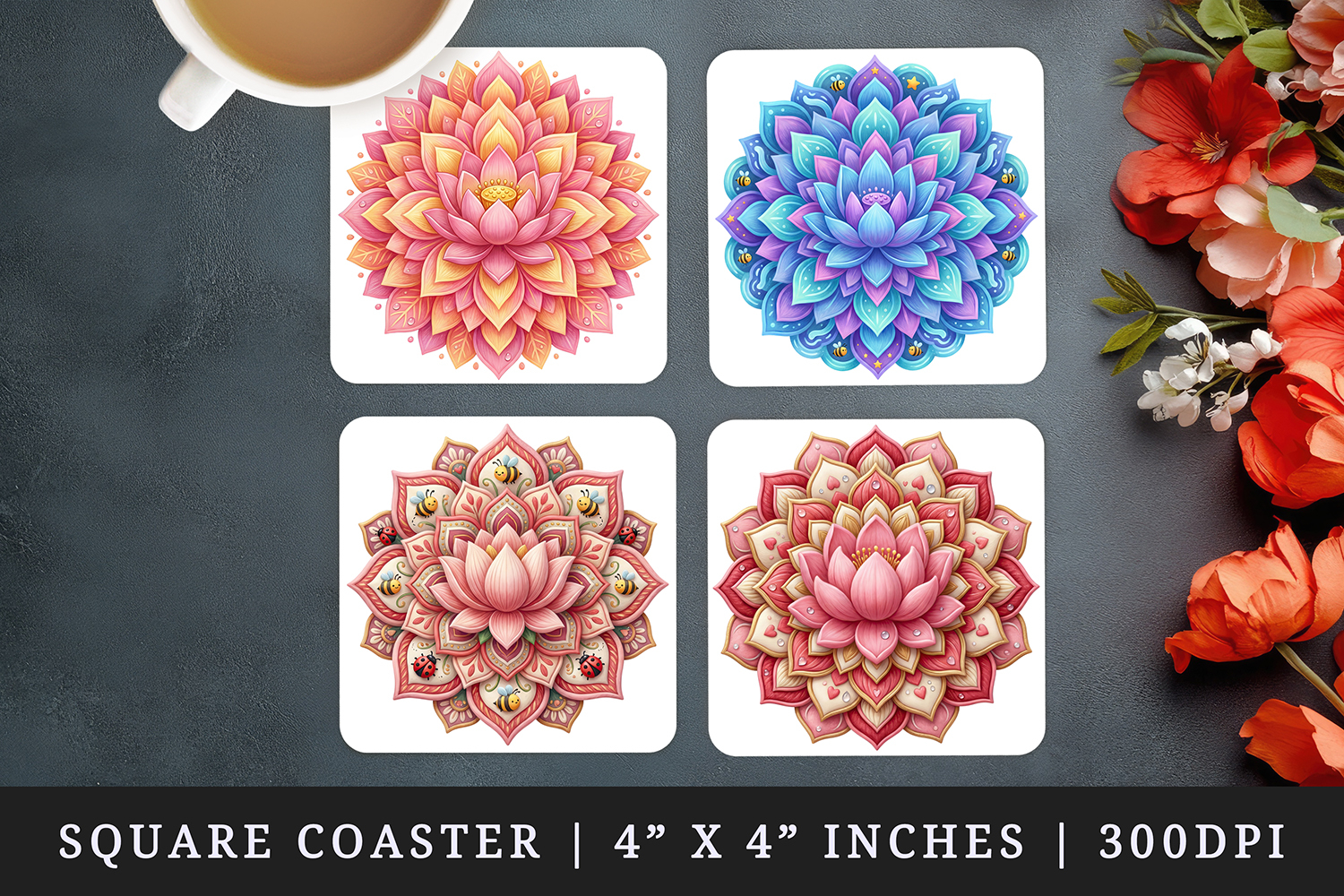 Flowers square coaster sublimation, coasters design product image 1