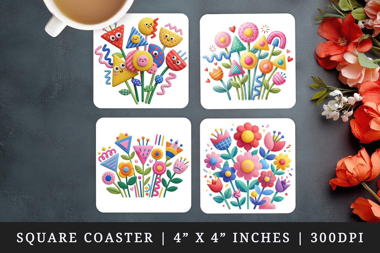 Flowers square coaster sublimation, coasters design product image 1