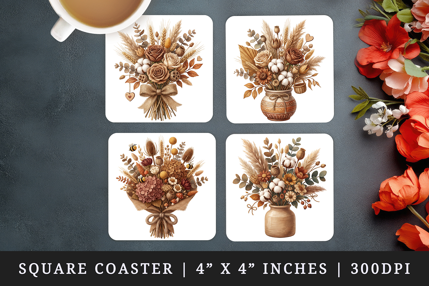 Flowers square coaster sublimation, coasters design product image 1