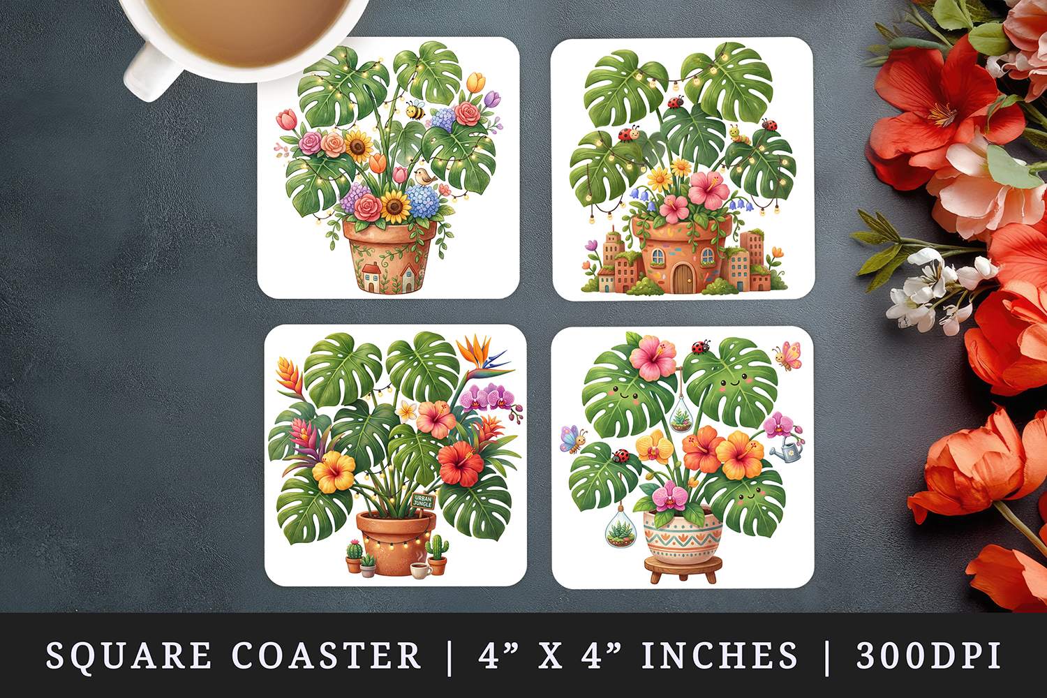 Flowers square coaster sublimation, coasters design product image 1