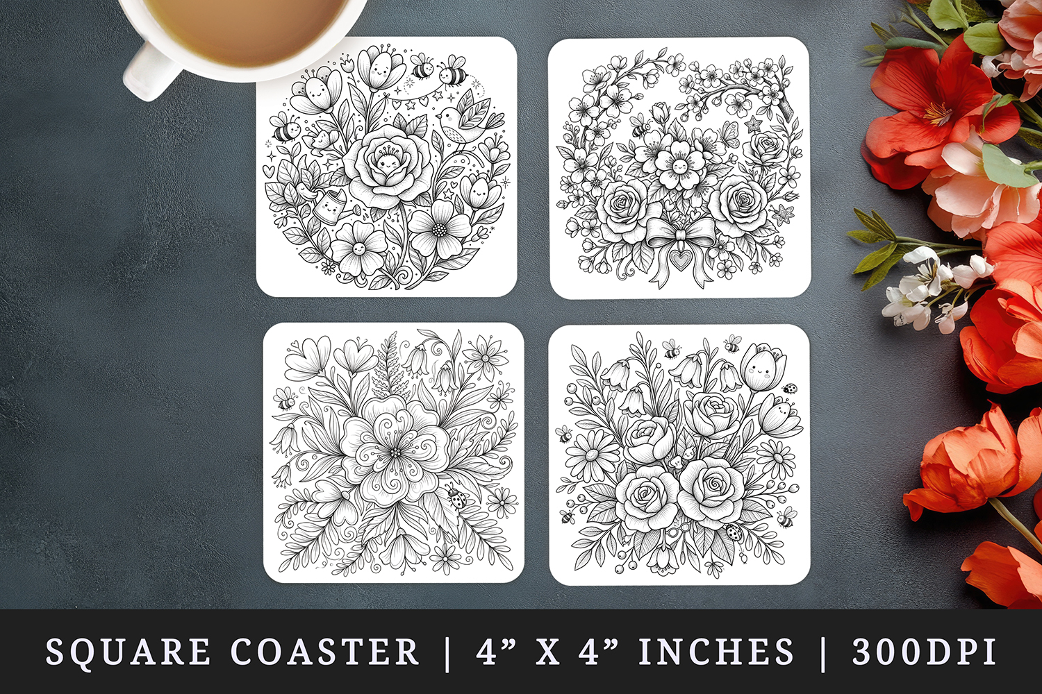 Flowers square coaster sublimation, coasters design product image 1