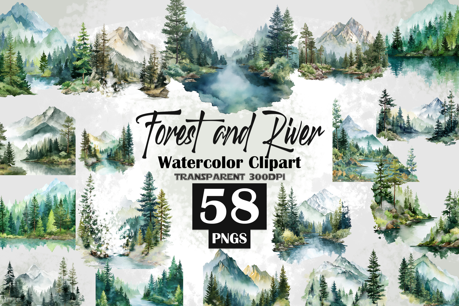 Forest and River Watercolor Clipart 58 PNGs Transparent 300 product image 1