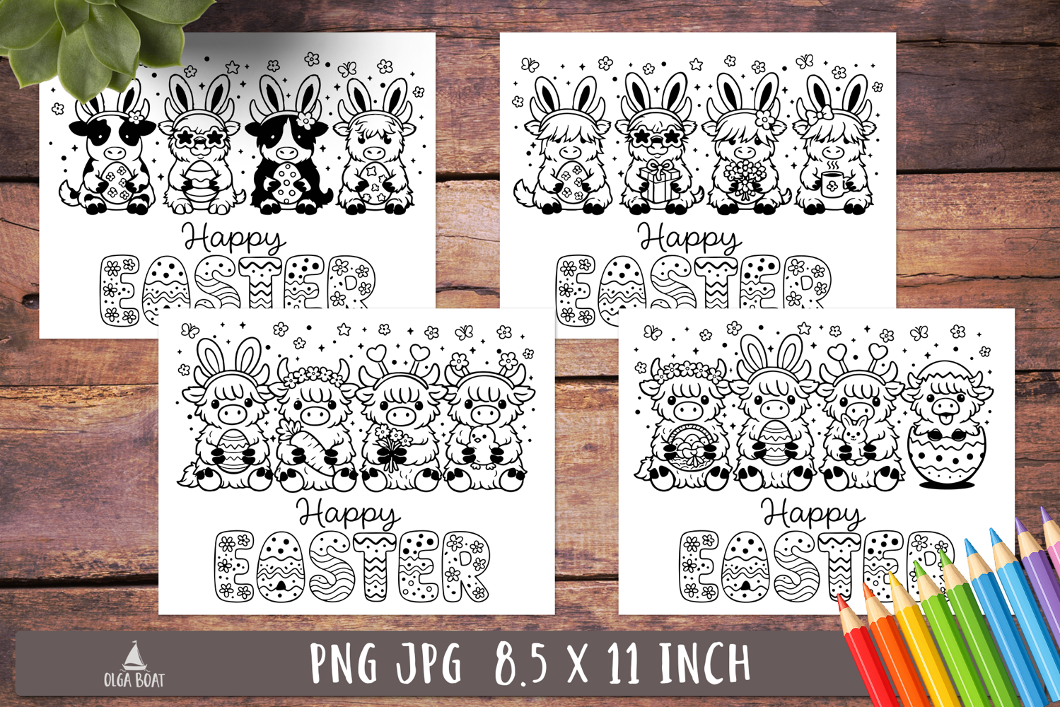 Funny Easter Highland cow Coloring Pages Happy Easter print