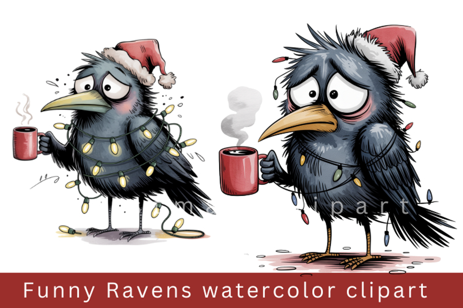 Funny Ravens watercolor clipart, sublimation graphics png product image 1