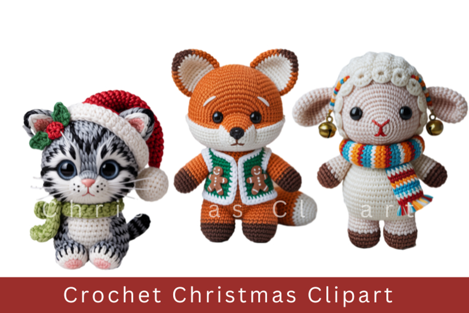 Crochet Christmas Clipart, crochet animal sublimation product image 1