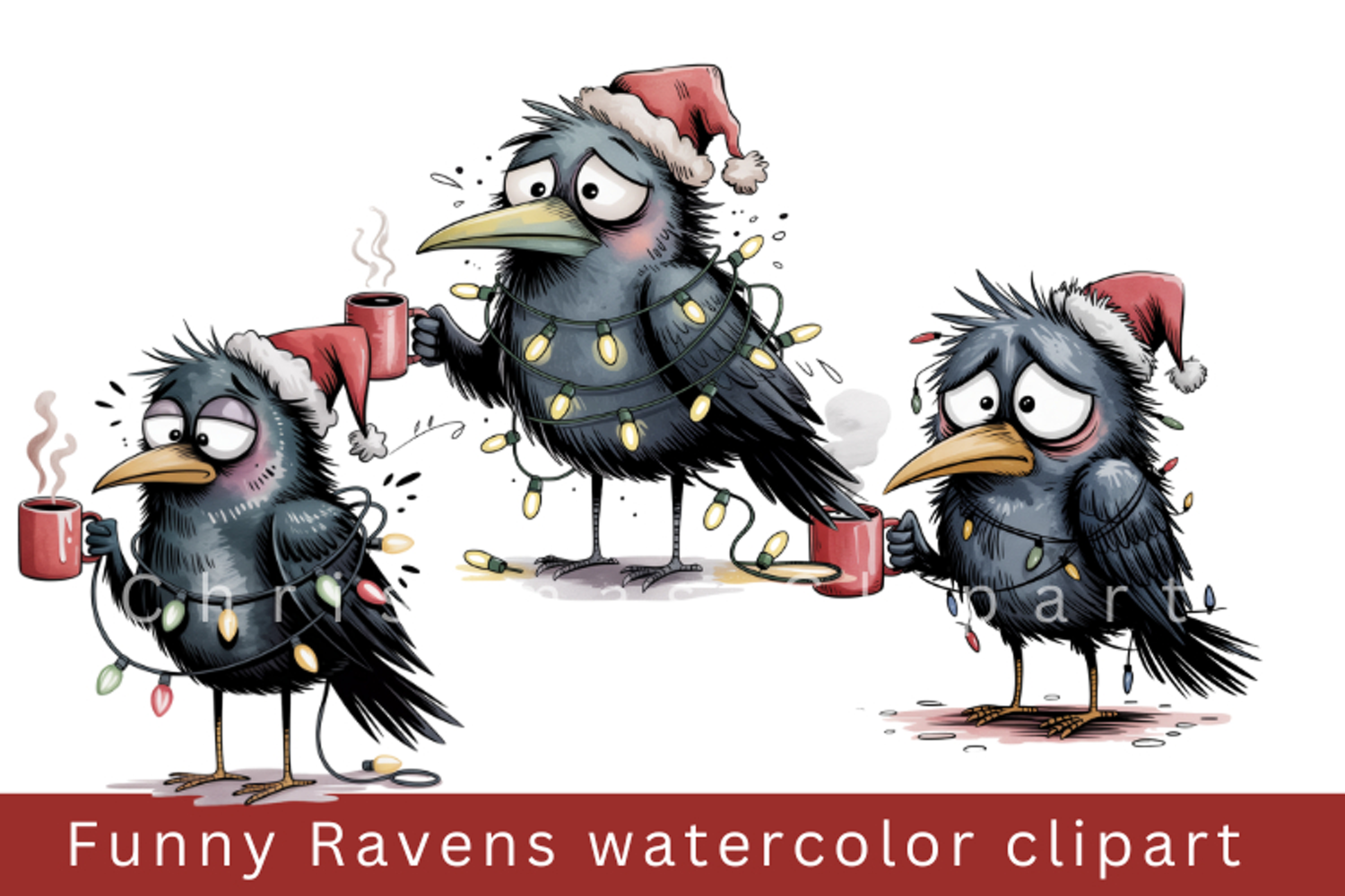 Funny Ravens watercolor clipart, sublimation graphics png product image 1