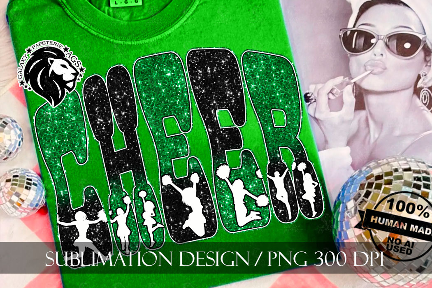 Glitter Sequins Cheer Sublimation Design PNG | Green Black product image 1