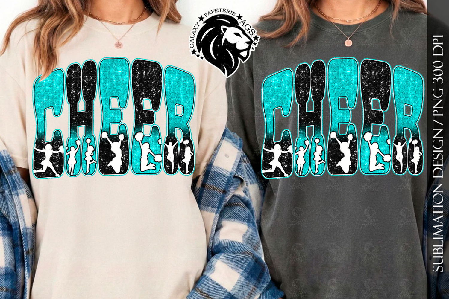Glitter Sequins Cheer Sublimation Design PNG | Teal Black product image 1