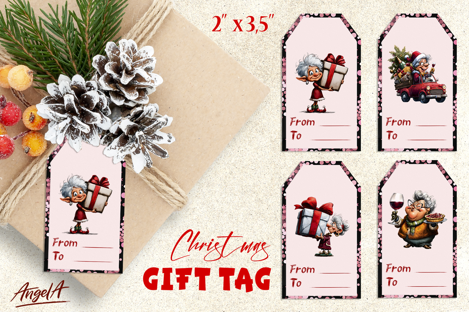 Christmas gift tags, funny elderly old lady PNG product image 1