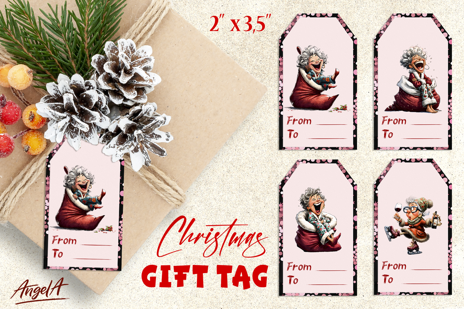 Christmas gift tags, funny laughing elderly lady gift label product image 1