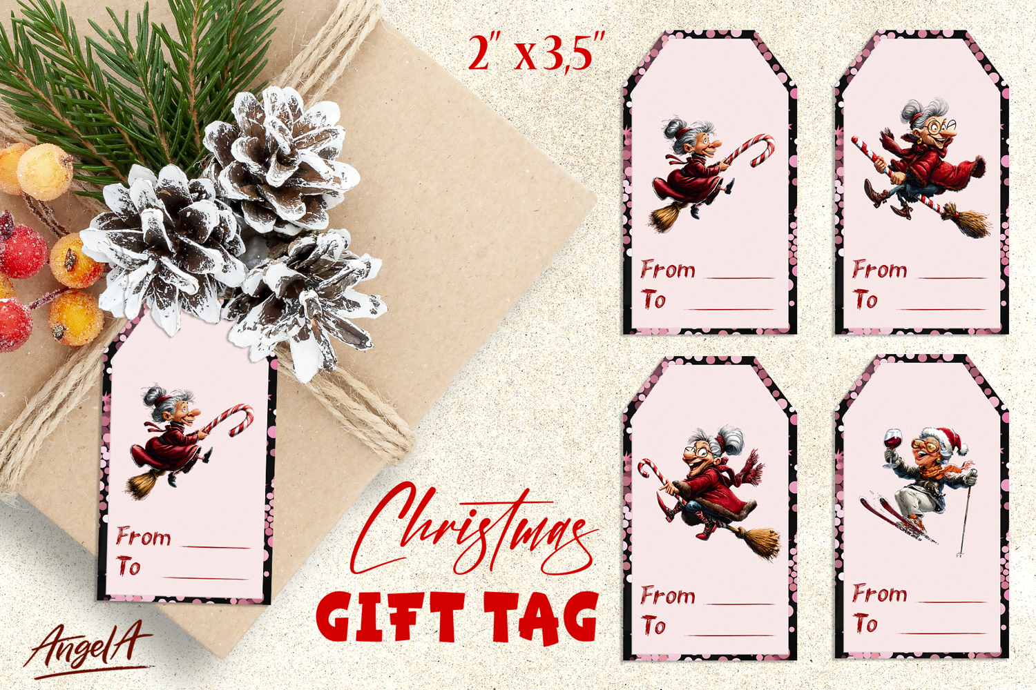 Christmas gift tags, witch elderly lady gift label Candy PNG product image 1