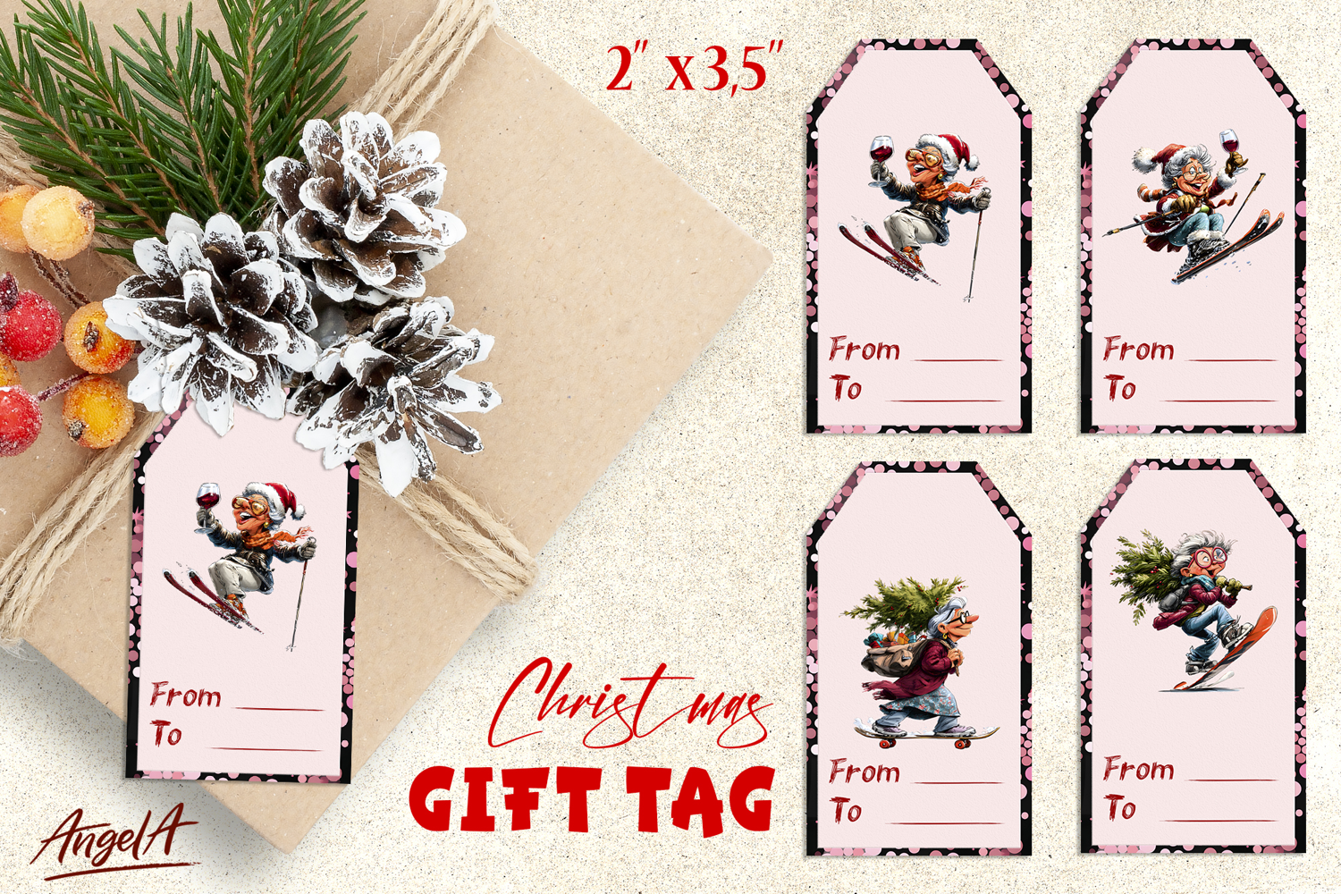 Christmas gift tags, happy smiling old lady labels printable product image 1