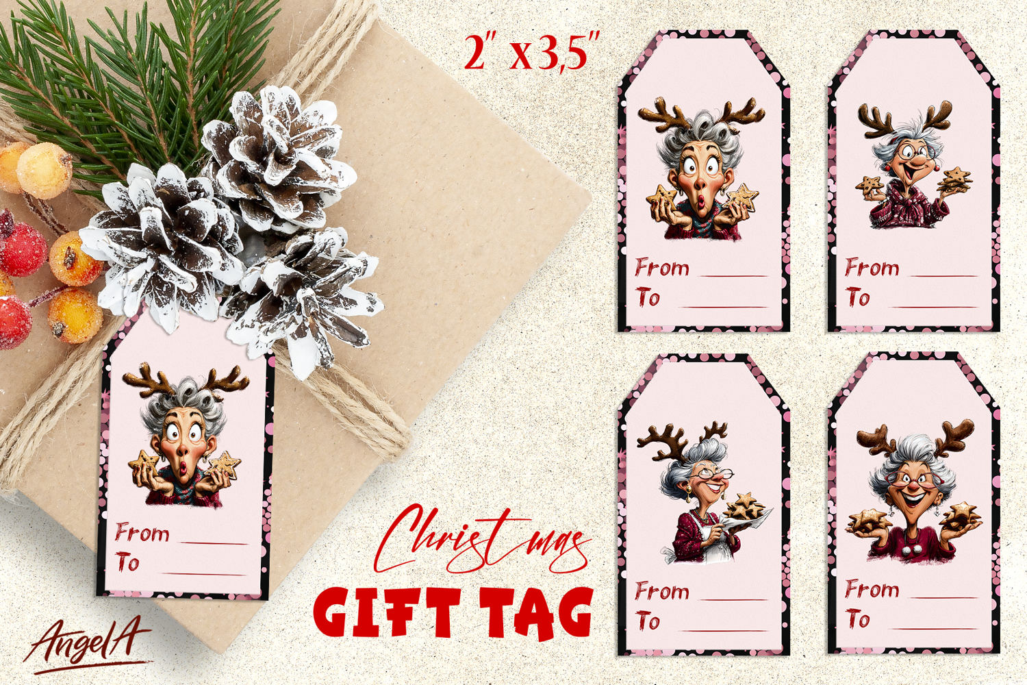 Christmas gift tags, happy elderly old lady labels printable product image 1