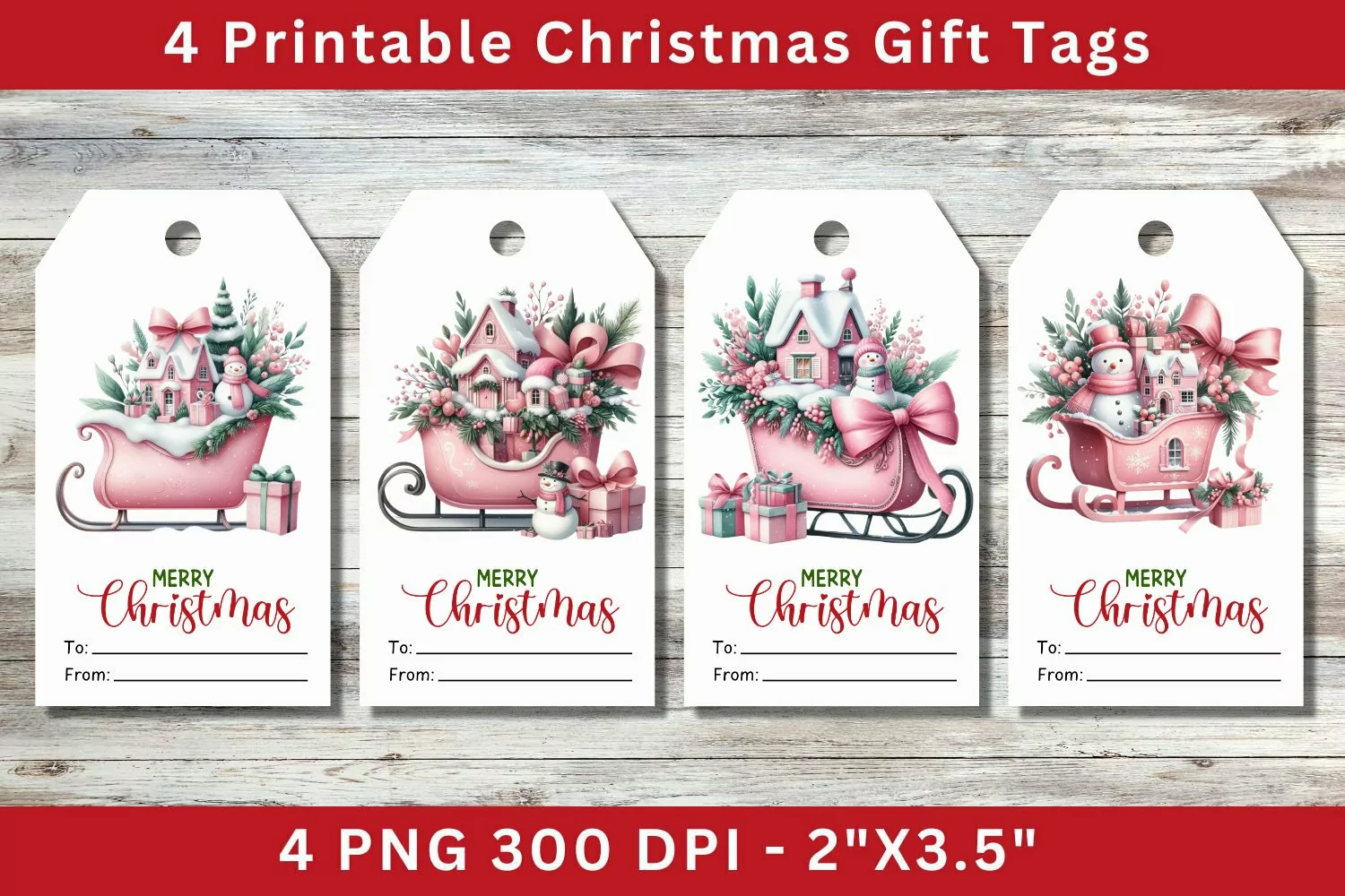 Christmas Gift Tags, pink floral sleigh product image 1