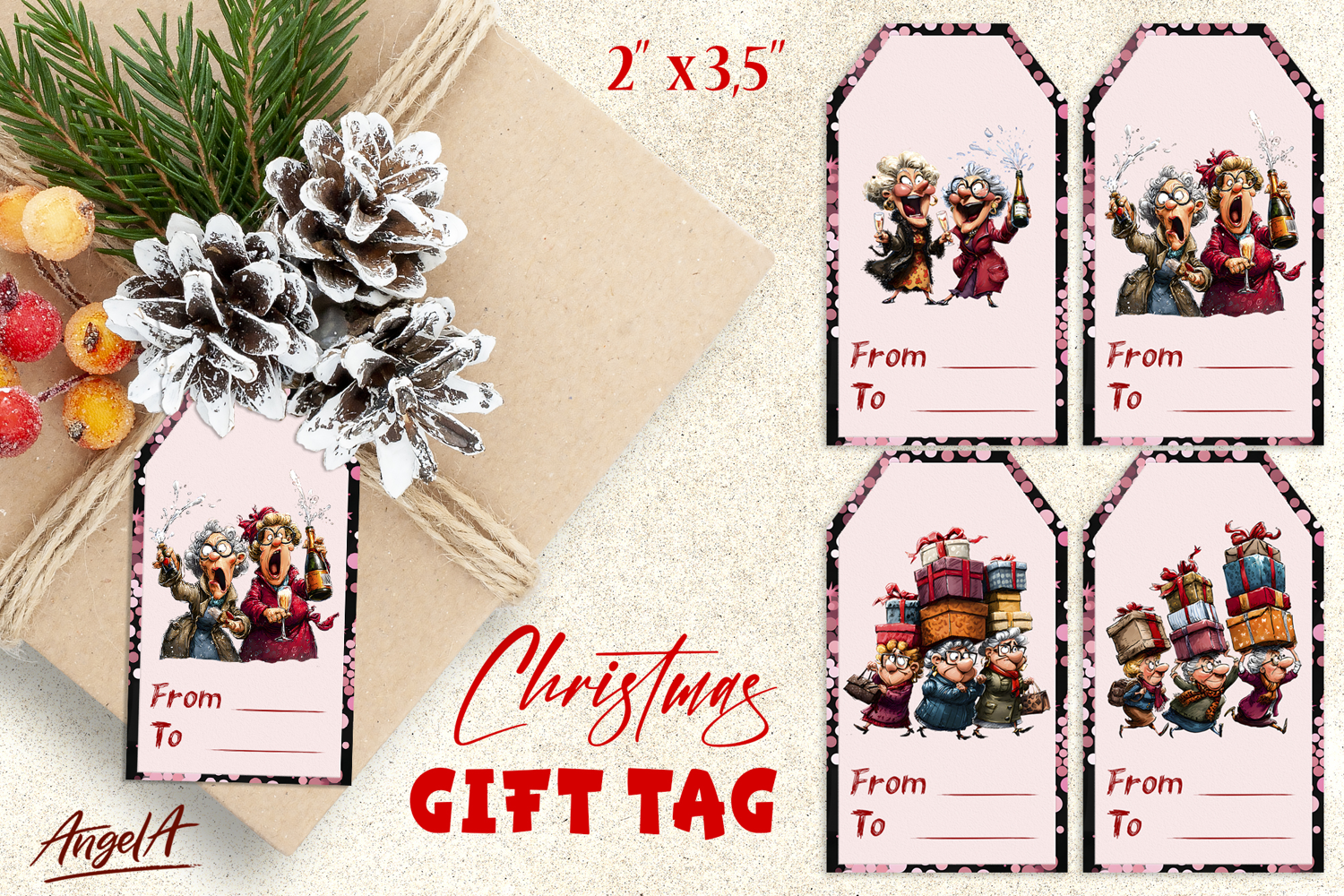 Christmas gift tags, elderly lady gift label Best friends product image 1