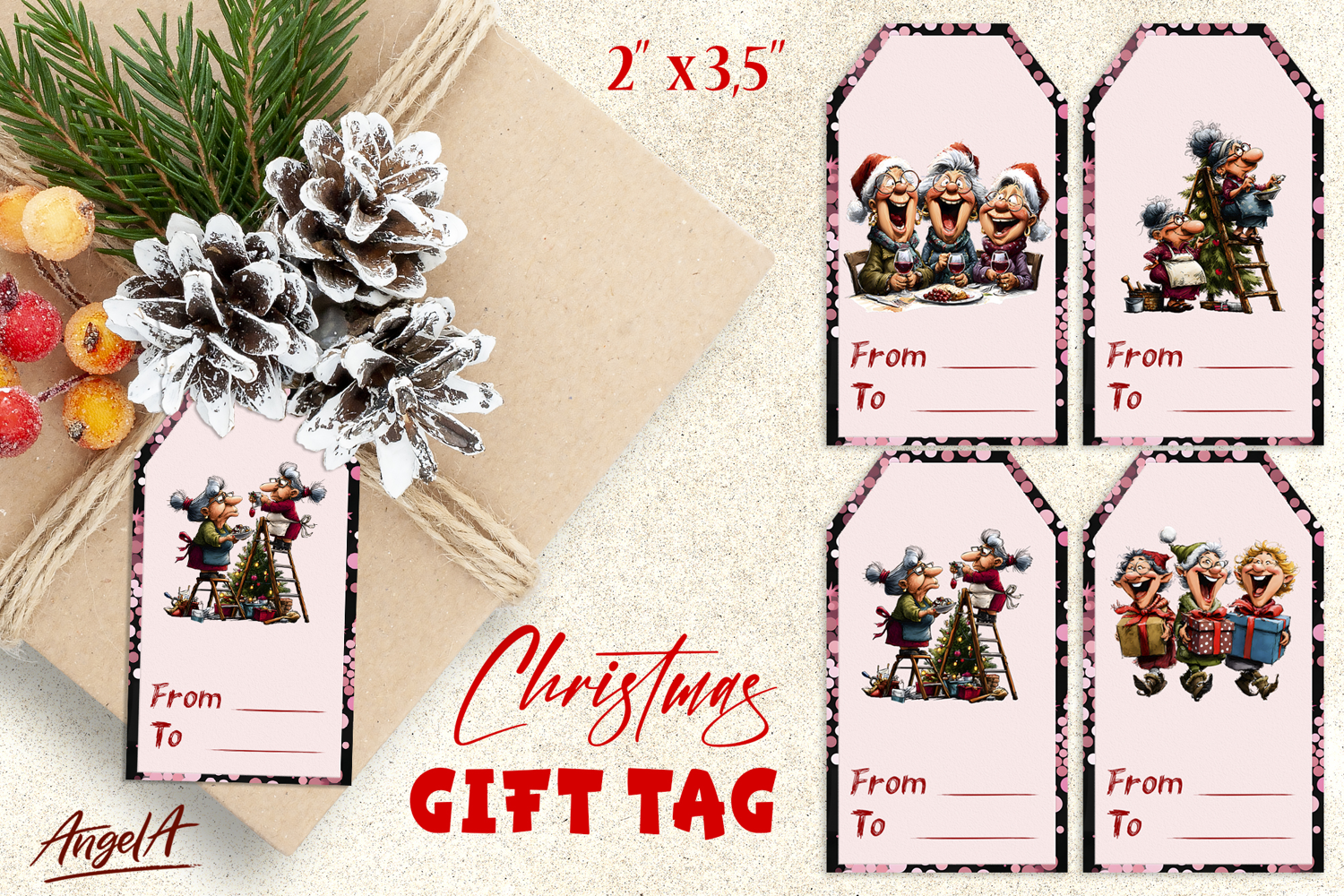 Christmas gift tags, Holiday gift label Happy elderly ladies product image 1
