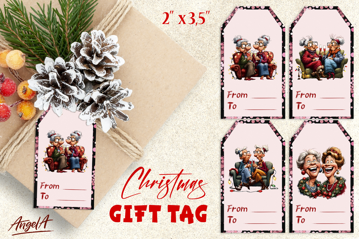 Christmas gift tags, Holiday gift label Happy elderly ladies product image 1